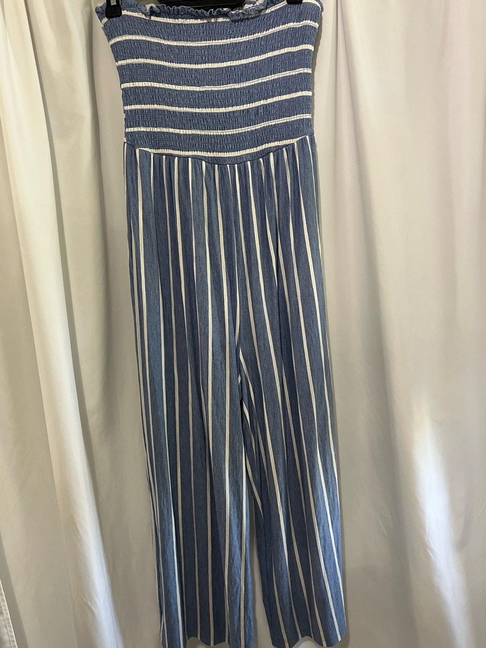 Hem & Thread Blue and White Strapless Smocked Jumpsuit size S